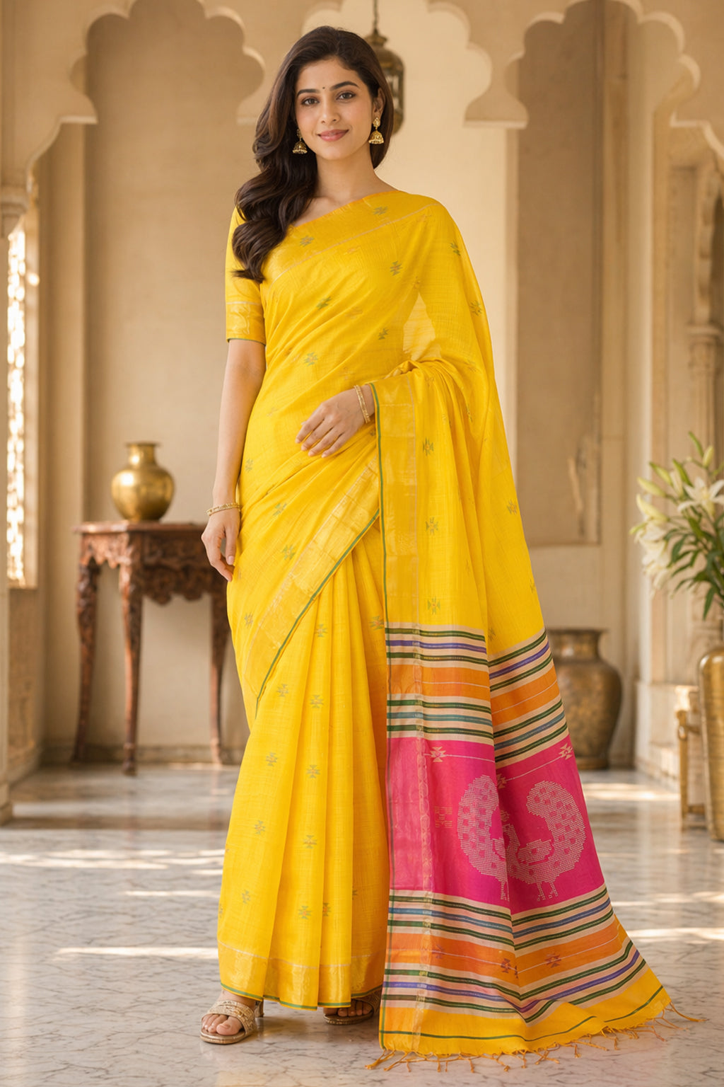 Multicolor kalakshetra Silk Saree With Blouse Piece