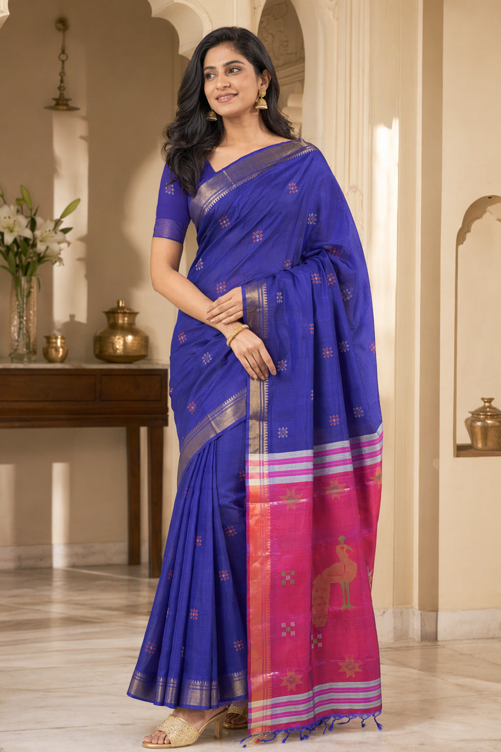 Multicolor kalakshetra Silk Saree With Blouse Piece