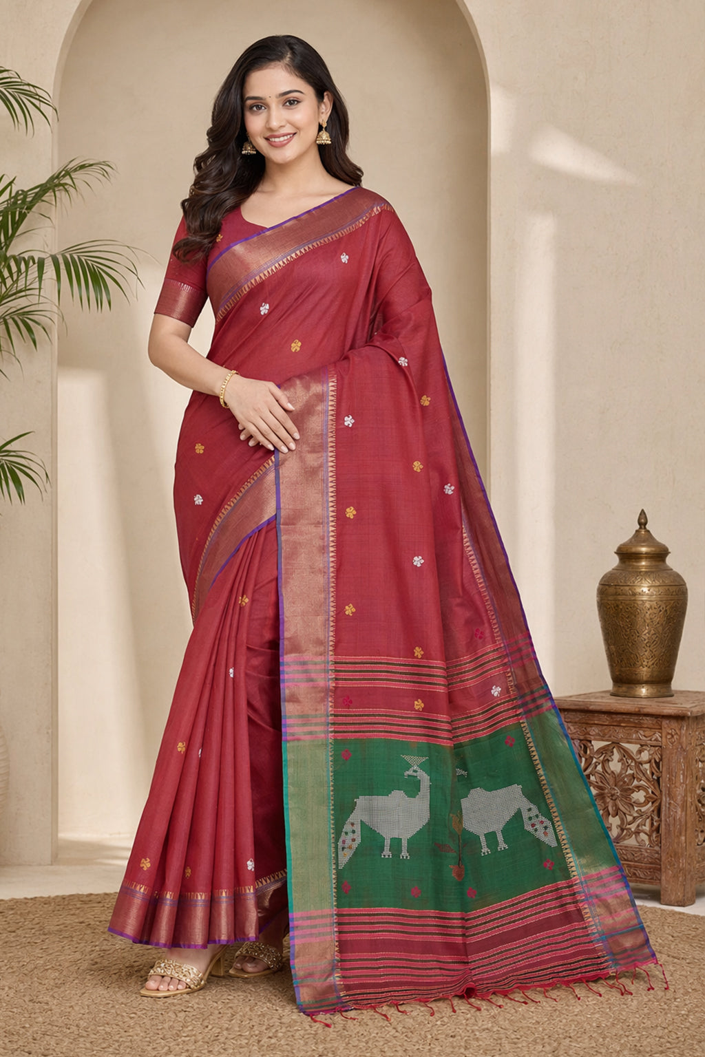 Multicolor kalakshetra Silk Saree With Blouse Piece