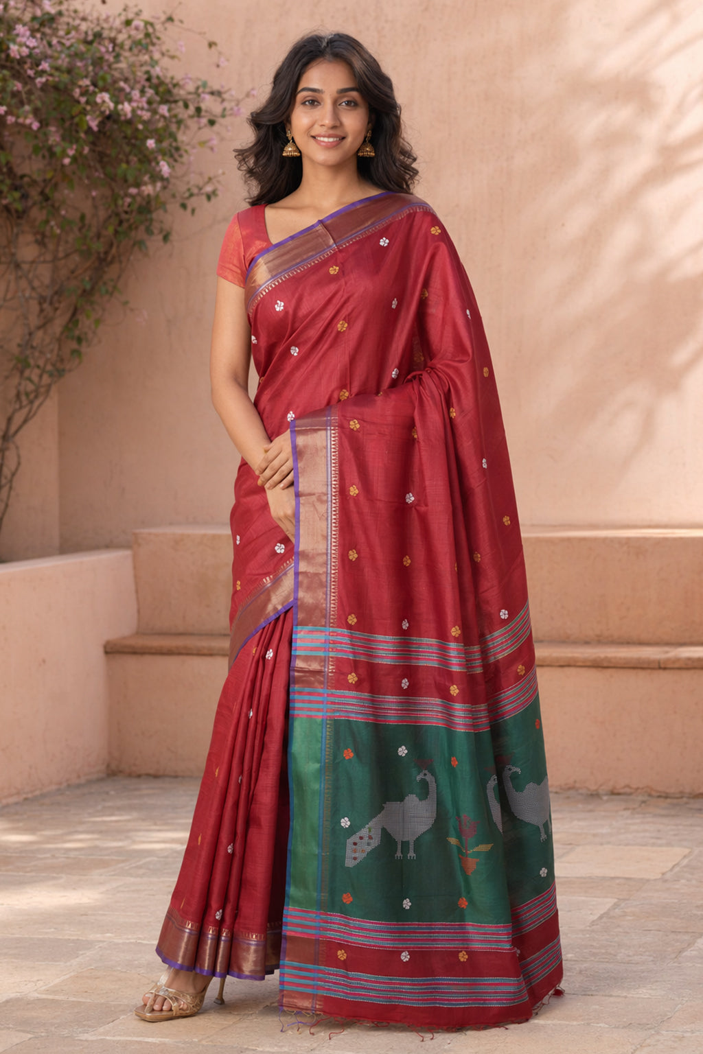 Multicolor kalakshetra Silk Saree With Blouse Piece