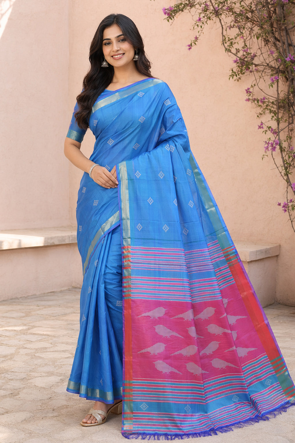 Multicolor kalakshetra Silk Saree With Blouse Piece