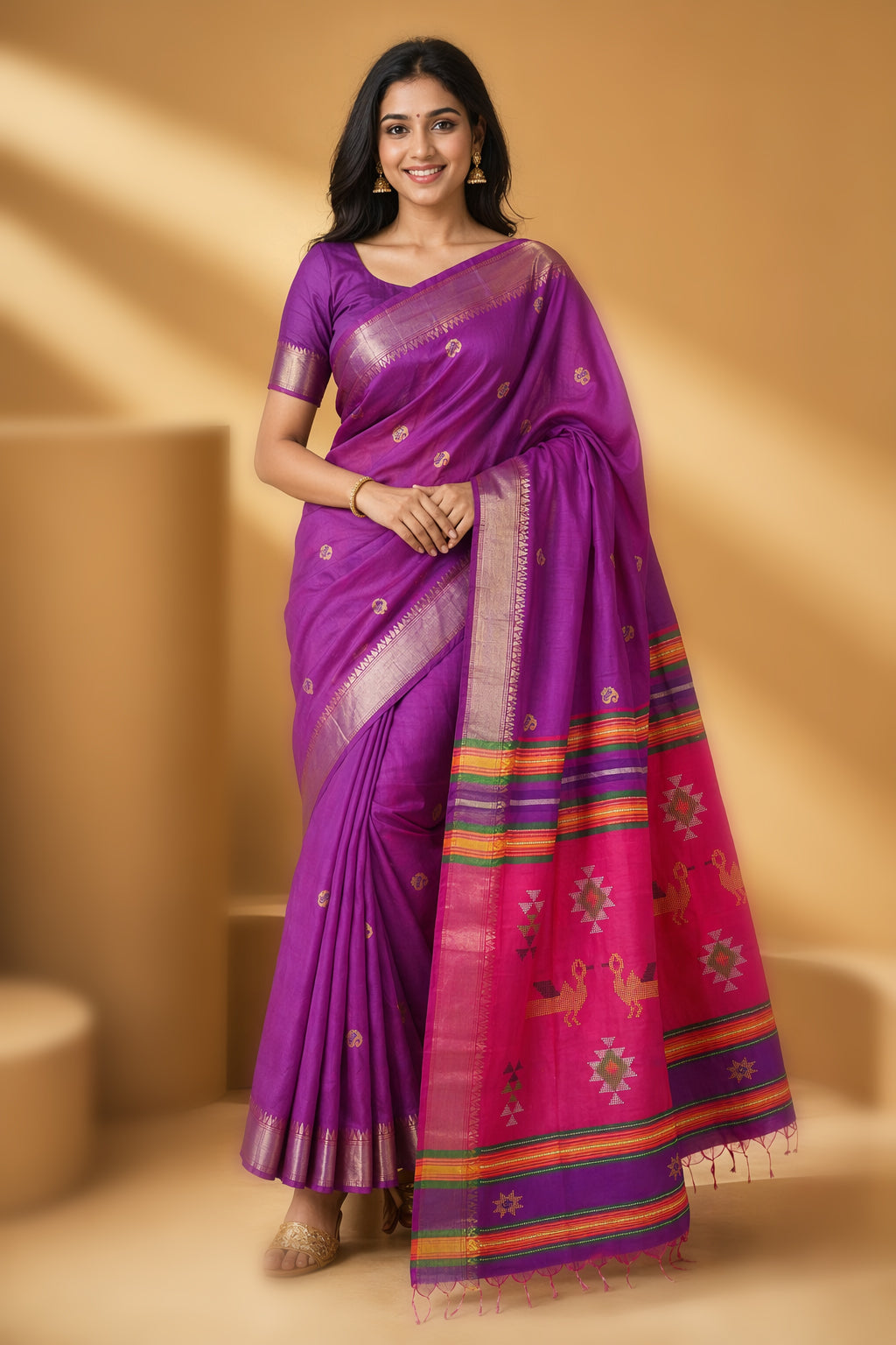 Multicolor kalakshetra Silk Saree With Blouse Piece