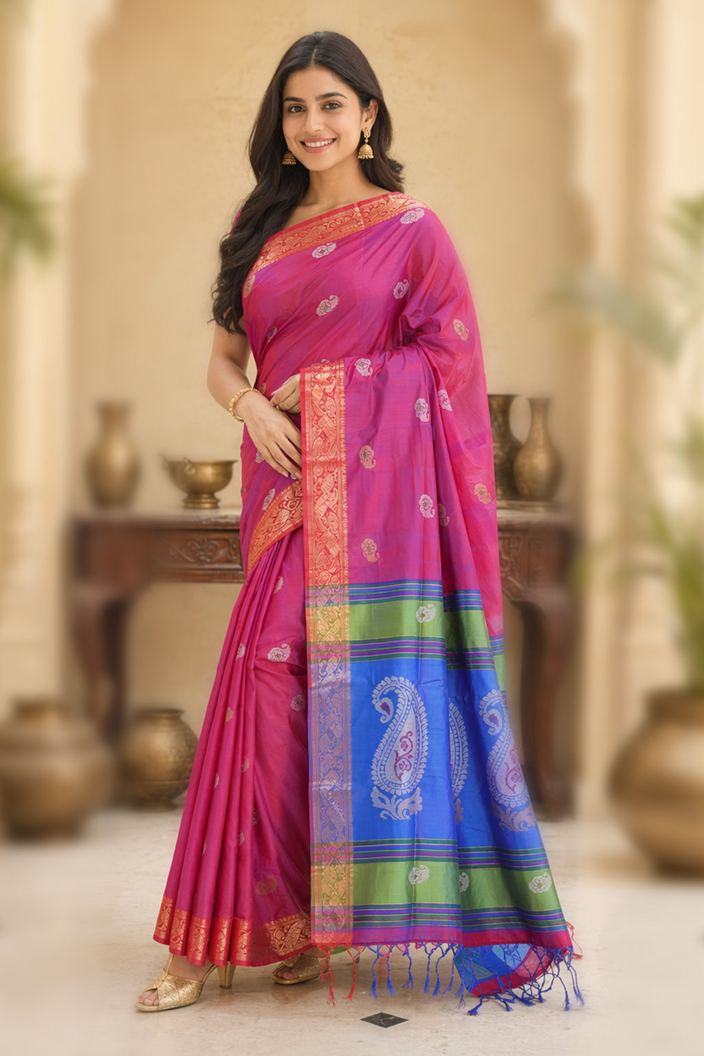 Multicolor kalakshetra Silk Saree With Blouse Piece