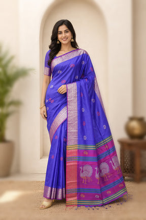 Multicolor kalakshetra Silk Saree With Blouse Piece