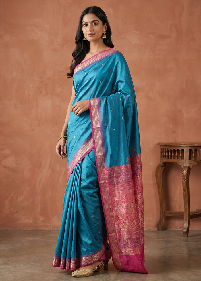 Blue Handloom Bomkai Pure Silk Saree With Blouse Piece