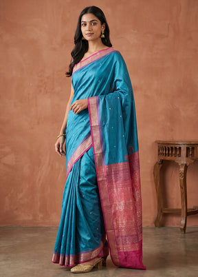 Blue Handloom Bomkai Pure Silk Saree With Blouse Piece