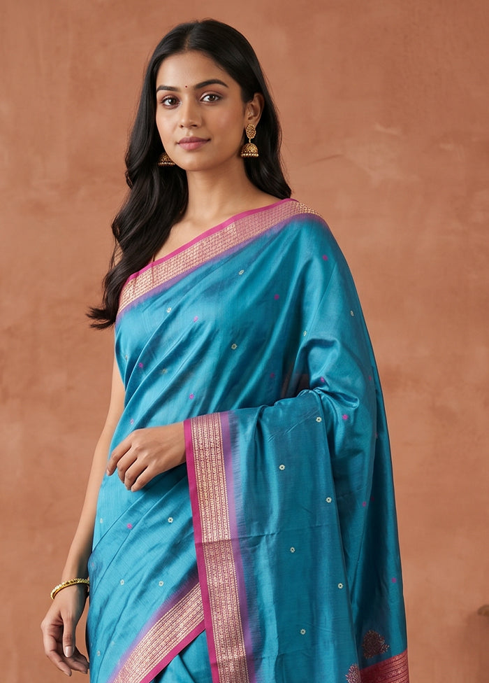 Blue Handloom Bomkai Pure Silk Saree With Blouse Piece