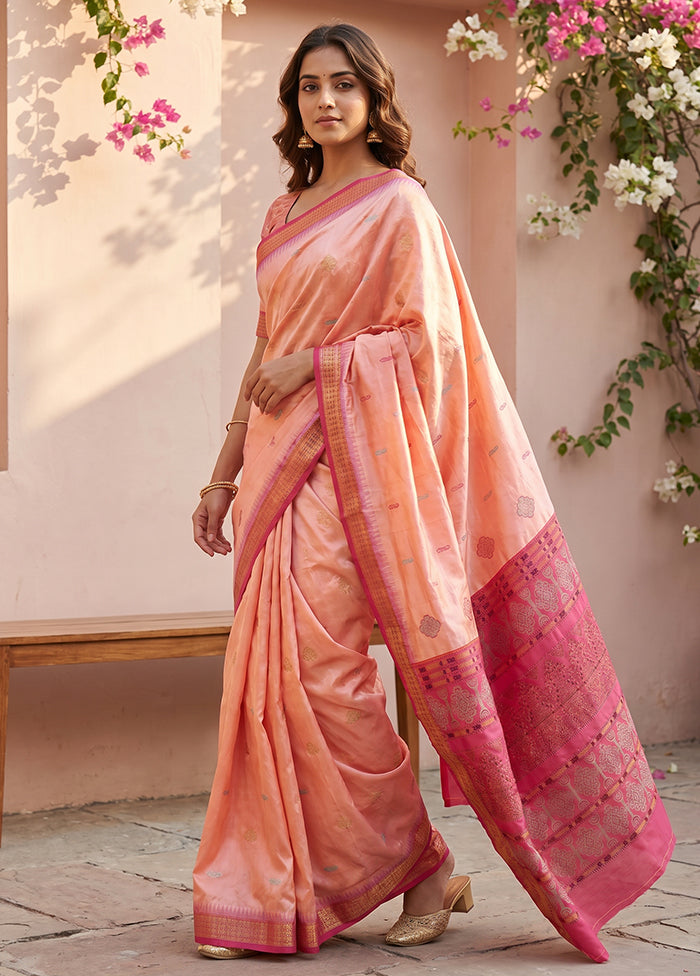 Peach Handloom Bomkai Pure Silk Saree With Blouse Piece