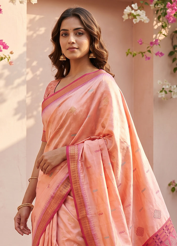 Peach Handloom Bomkai Pure Silk Saree With Blouse Piece