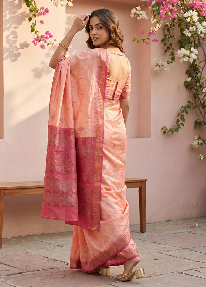 Peach Handloom Bomkai Pure Silk Saree With Blouse Piece