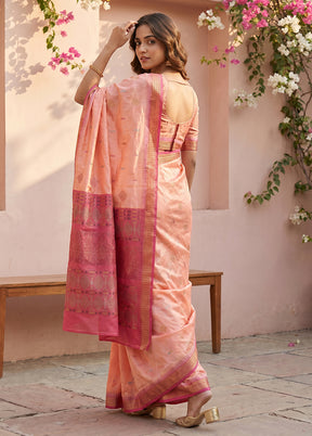 Peach Handloom Bomkai Pure Silk Saree With Blouse Piece