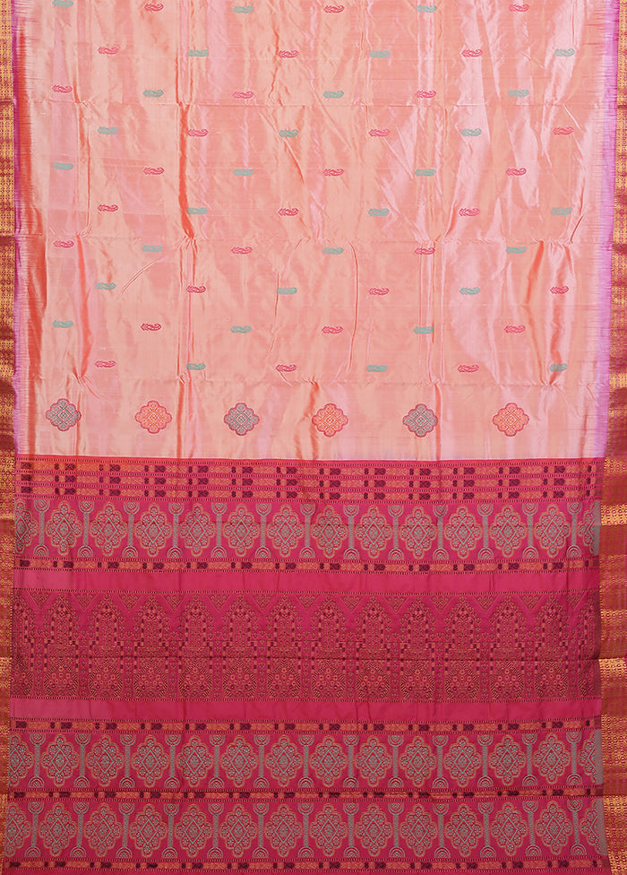 Peach Handloom Bomkai Pure Silk Saree With Blouse Piece