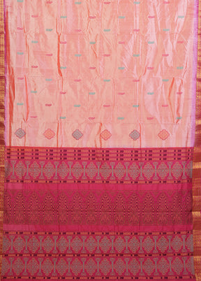 Peach Handloom Bomkai Pure Silk Saree With Blouse Piece