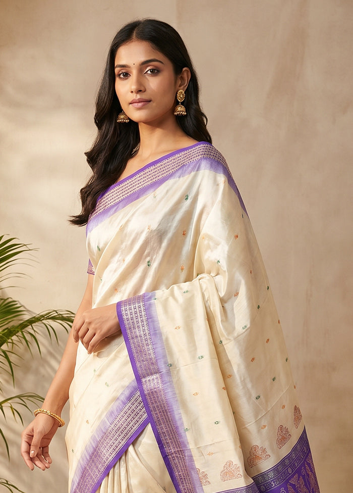 Cream Handloom Bomkai Pure Silk Saree With Blouse Piece