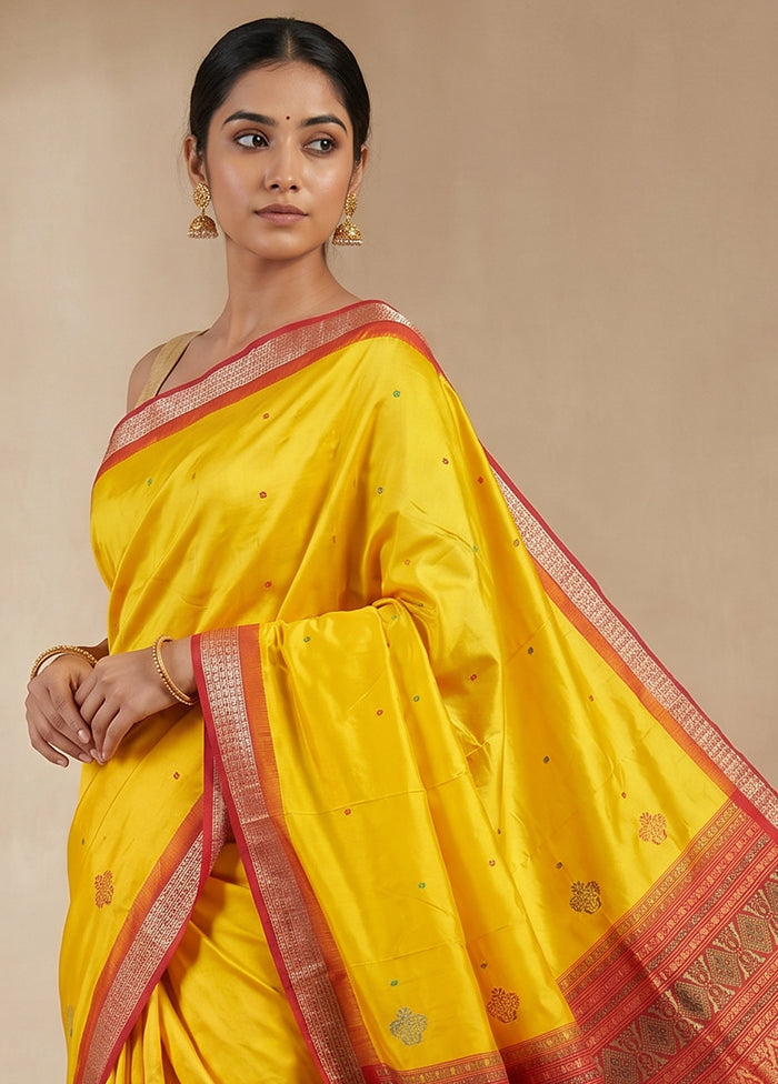 Yellow Handloom Bomkai Pure Silk Saree With Blouse Piece