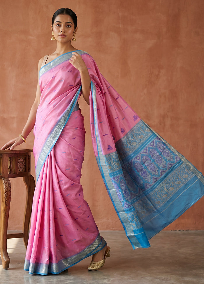 Pink Handloom Bomkai Pure Silk Saree With Blouse Piece