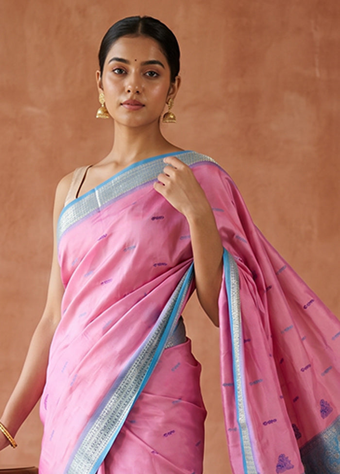 Pink Handloom Bomkai Pure Silk Saree With Blouse Piece