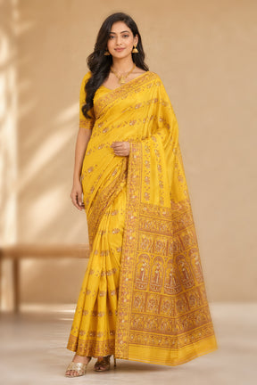 Yellow Handloom Baluchari Pure Silk Saree With Blouse Piece