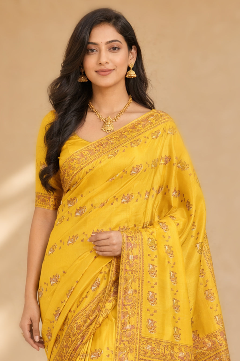 Yellow Handloom Baluchari Pure Silk Saree With Blouse Piece