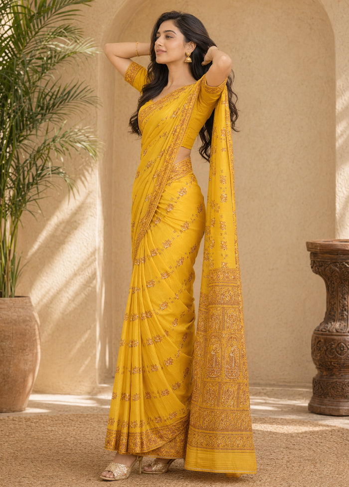 Yellow Handloom Baluchari Pure Silk Saree With Blouse Piece