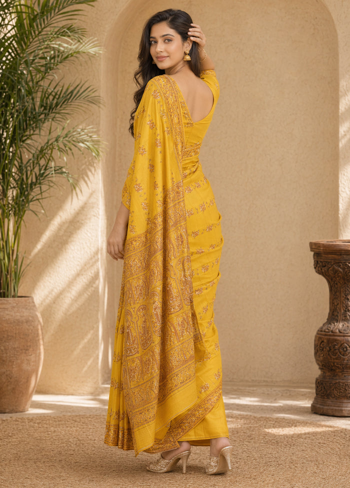 Yellow Handloom Baluchari Pure Silk Saree With Blouse Piece