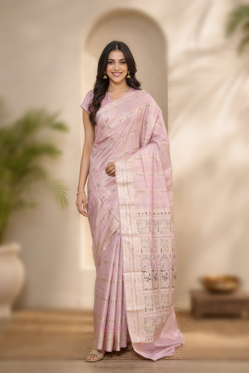 Purple Handloom Baluchari Pure Silk Saree With Blouse Piece
