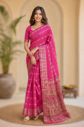 Pink Handloom Baluchari Pure Silk Saree With Blouse Piece