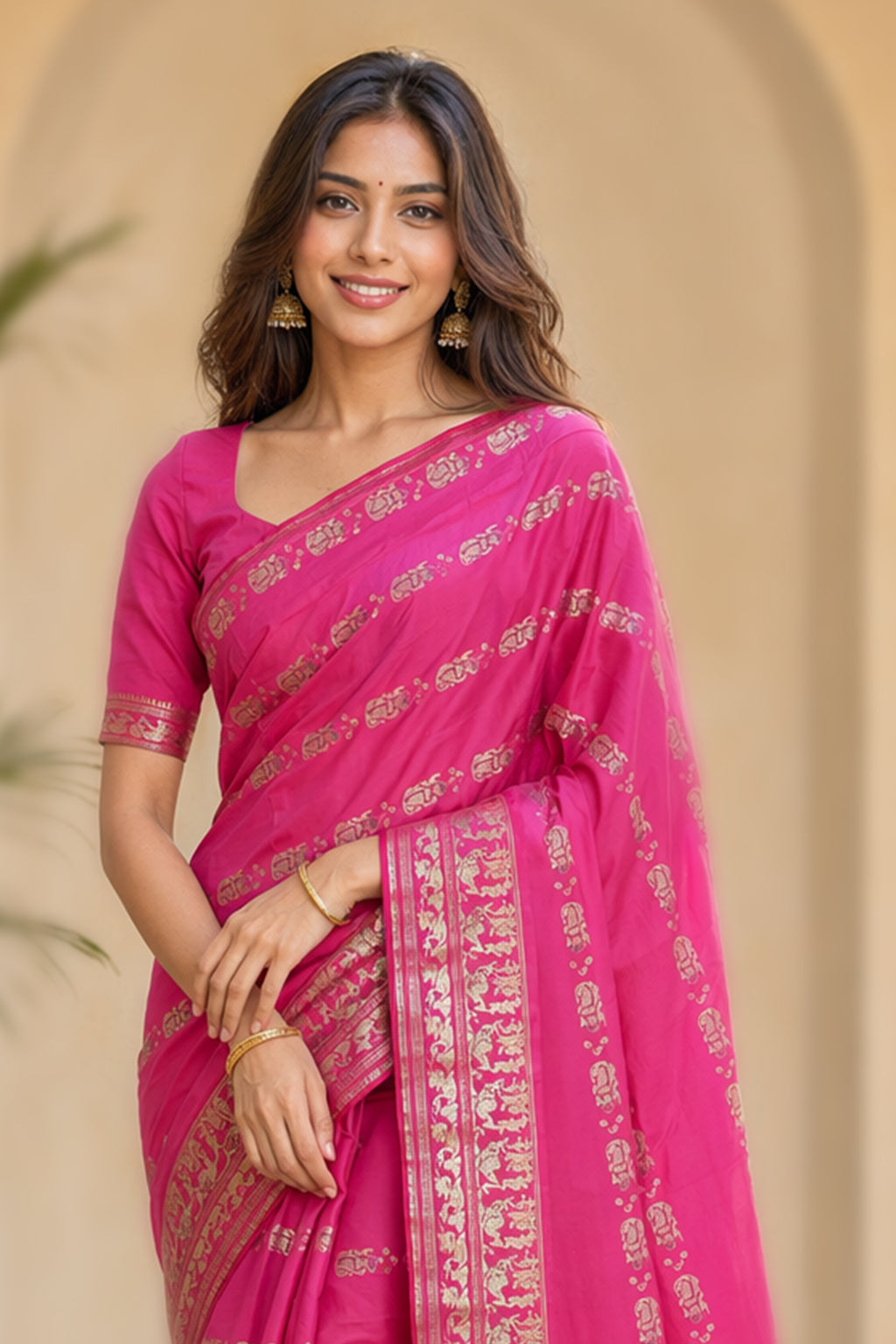 Pink Handloom Baluchari Pure Silk Saree With Blouse Piece