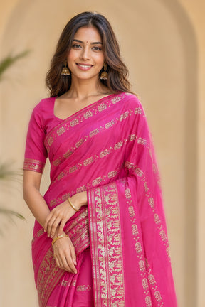 Pink Handloom Baluchari Pure Silk Saree With Blouse Piece