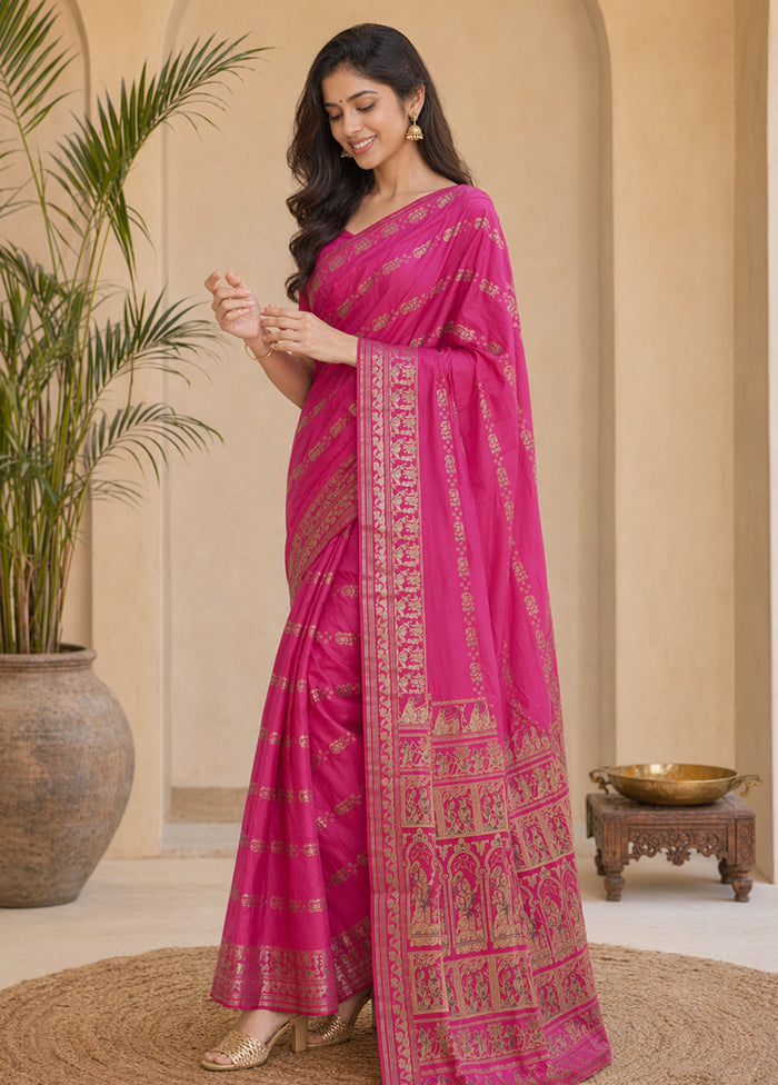 Pink Handloom Baluchari Pure Silk Saree With Blouse Piece