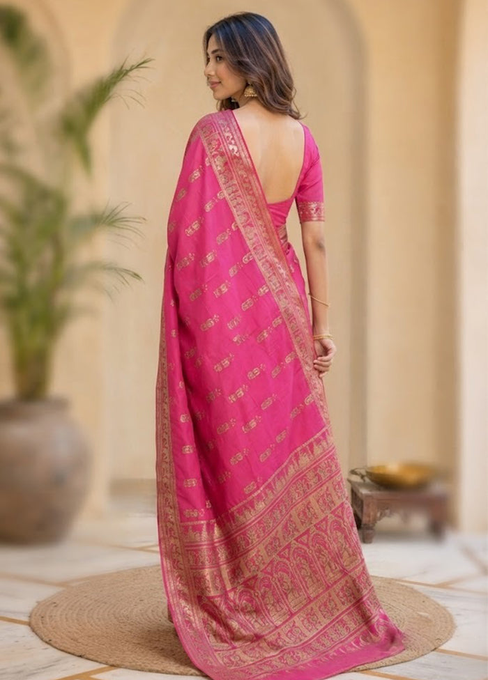 Pink Handloom Baluchari Pure Silk Saree With Blouse Piece