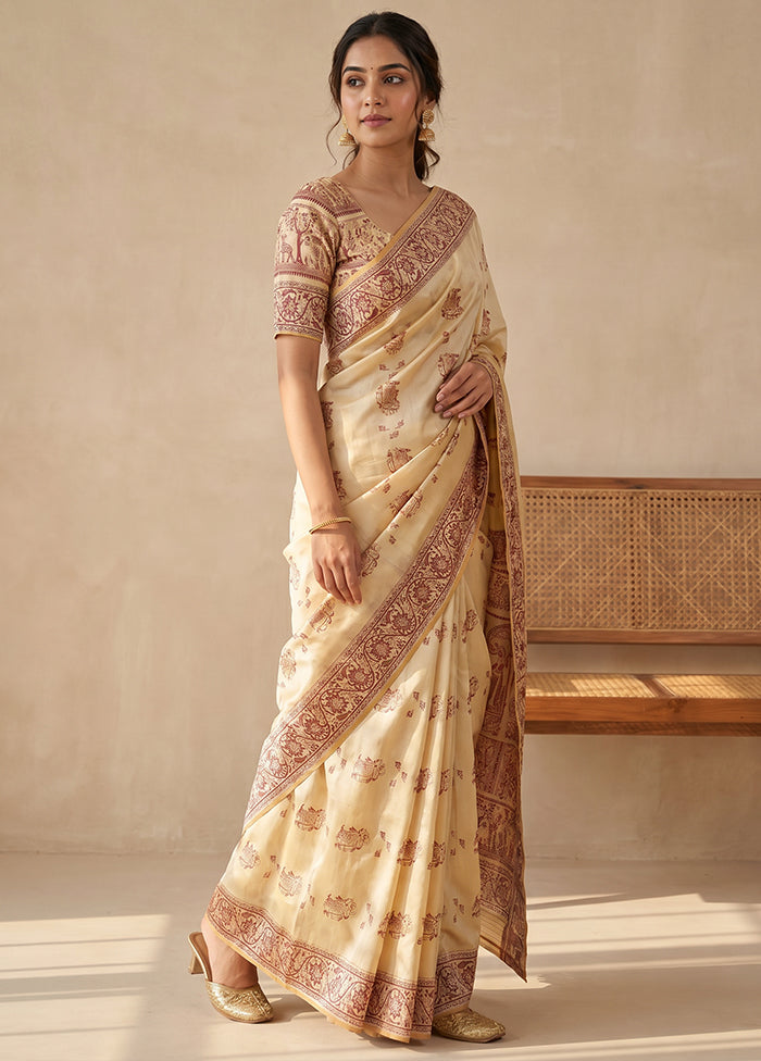 Cream Handloom Baluchari Pure Silk Saree With Blouse Piece