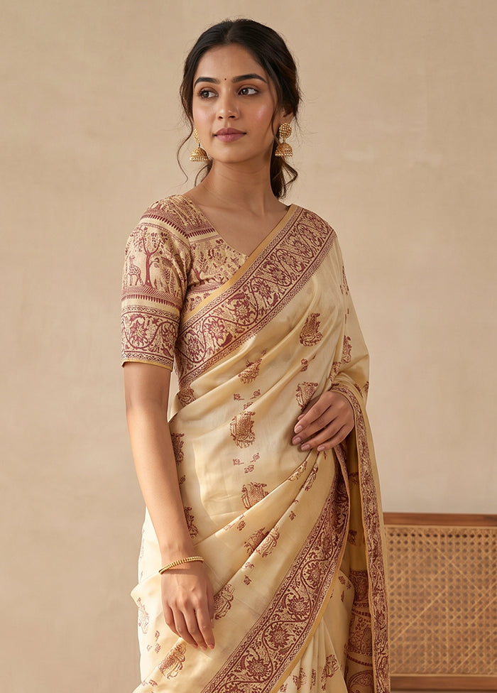 Cream Handloom Baluchari Pure Silk Saree With Blouse Piece