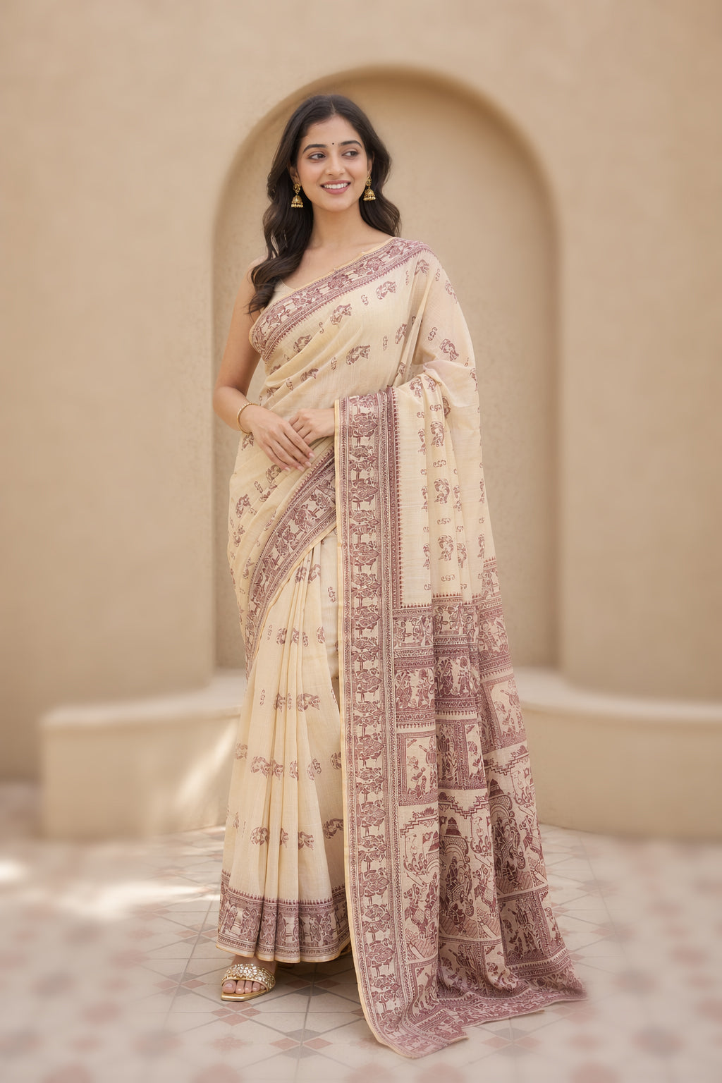 Cream Handloom Baluchari Pure Silk Saree With Blouse Piece