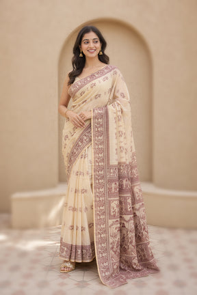 Cream Handloom Baluchari Pure Silk Saree With Blouse Piece