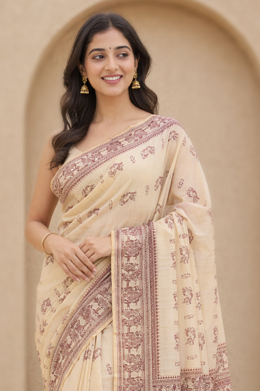 Cream Handloom Baluchari Pure Silk Saree With Blouse Piece