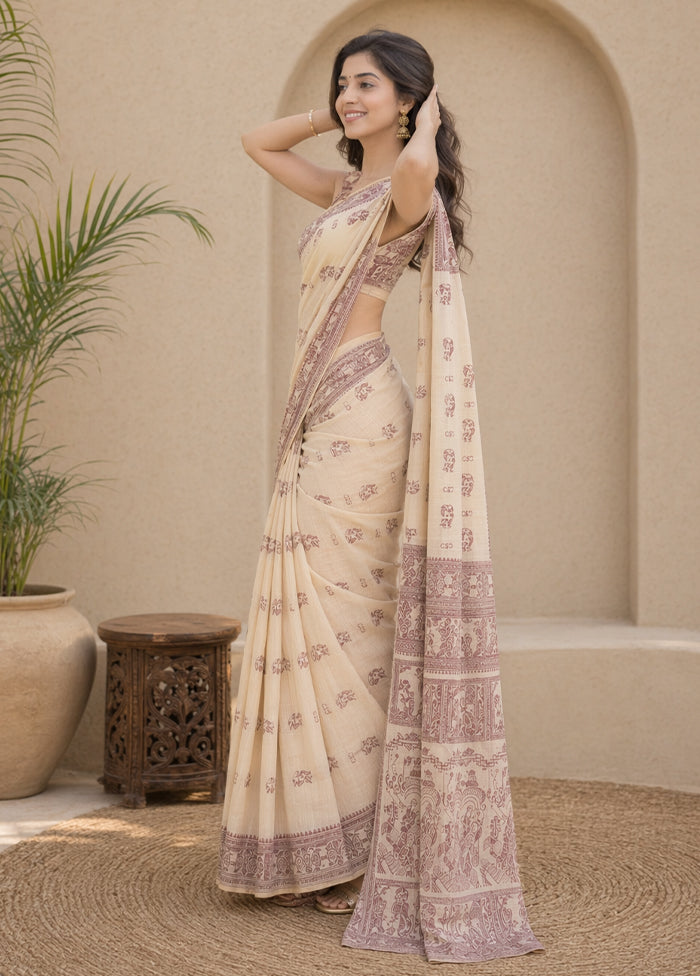 Cream Handloom Baluchari Pure Silk Saree With Blouse Piece
