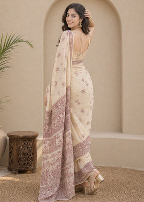 Cream Handloom Baluchari Pure Silk Saree With Blouse Piece