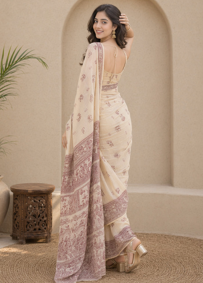 Cream Handloom Baluchari Pure Silk Saree With Blouse Piece