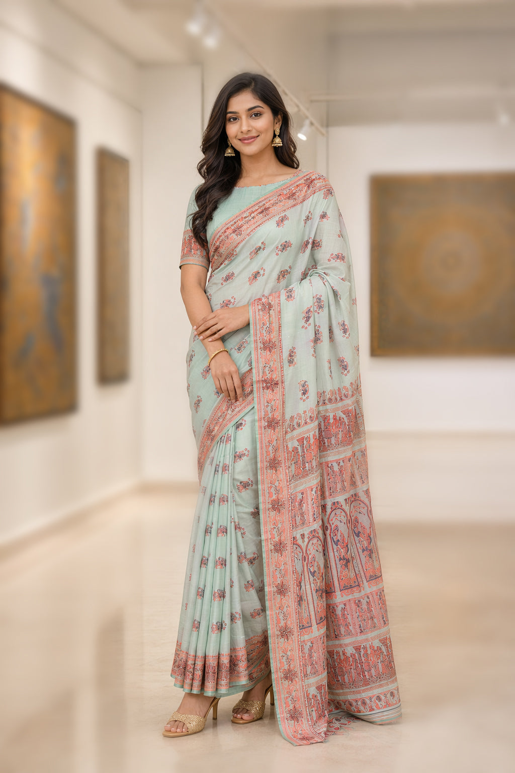 Green Handloom Baluchari Pure Silk Saree With Blouse Piece