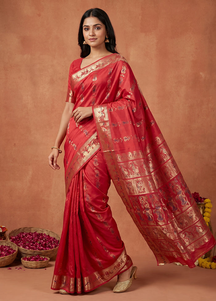 Pink Handloom Baluchari Pure Silk Saree With Blouse Piece