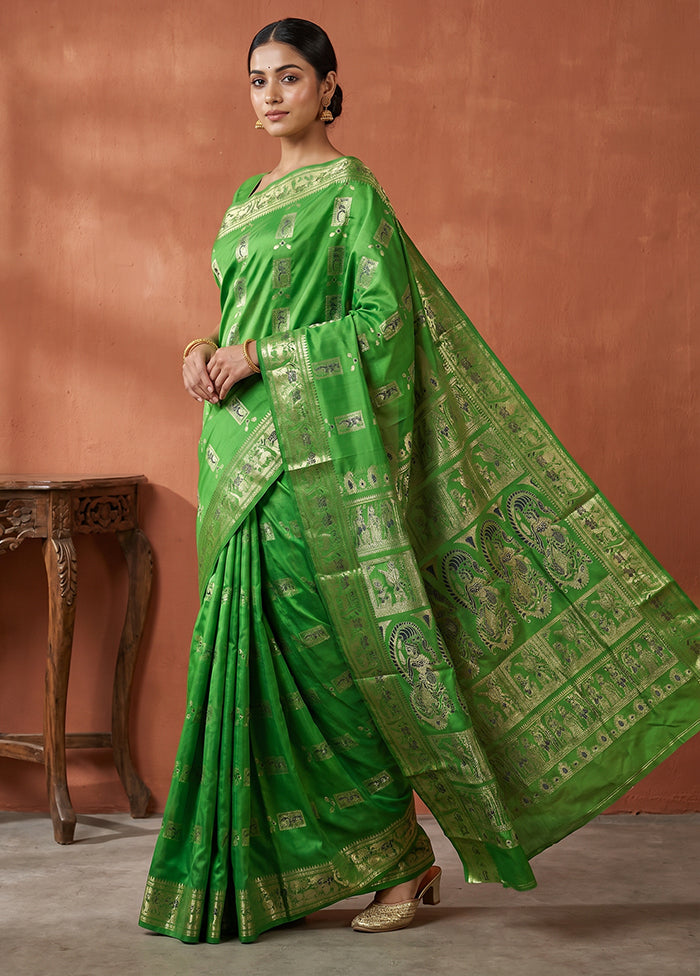 Green Handloom Baluchari Pure Silk Saree With Blouse Piece
