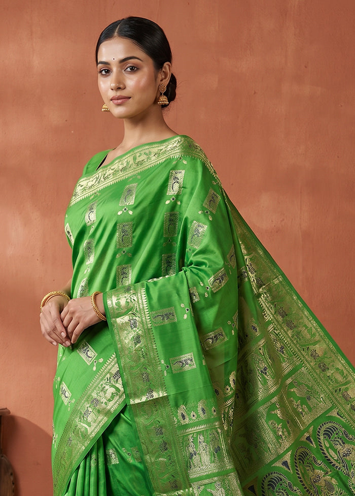 Green Handloom Baluchari Pure Silk Saree With Blouse Piece