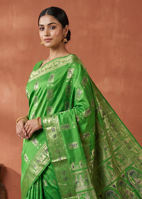 Green Handloom Baluchari Pure Silk Saree With Blouse Piece