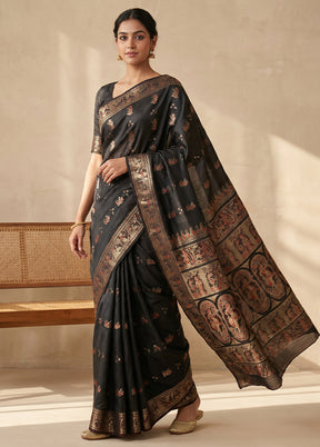 Black Handloom Baluchari Pure Silk Saree With Blouse Piece