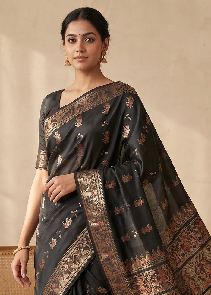 Black Handloom Baluchari Pure Silk Saree With Blouse Piece