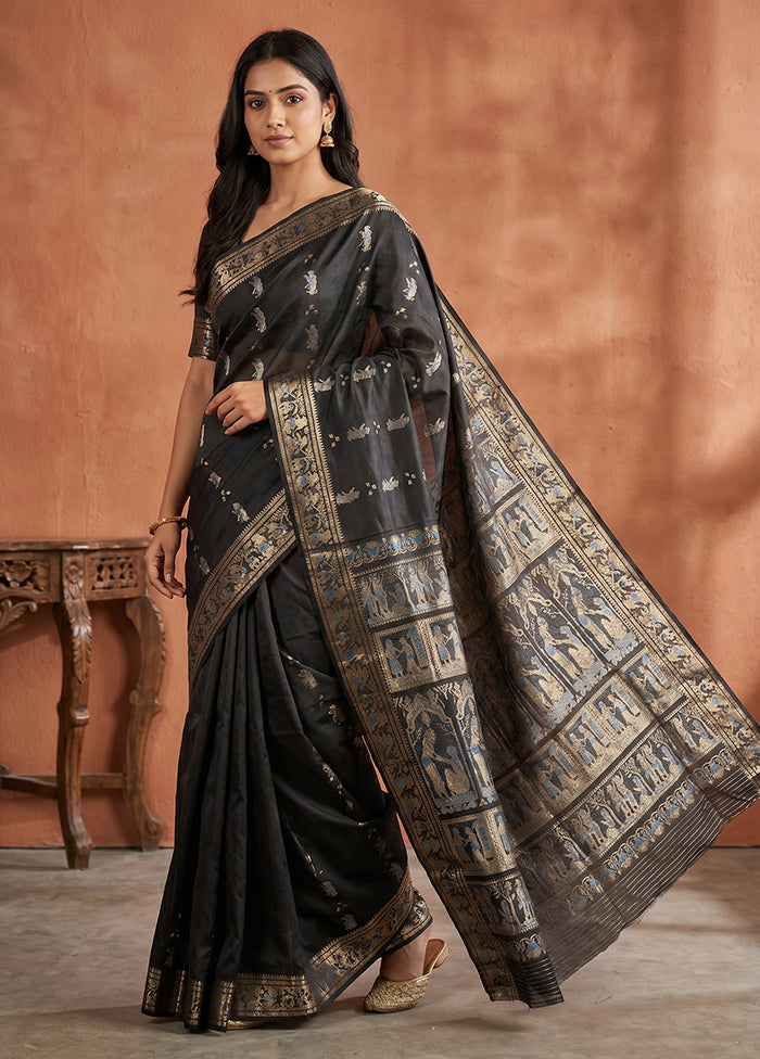 Black Handloom Baluchari Pure Silk Saree With Blouse Piece