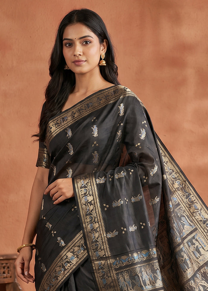 Black Handloom Baluchari Pure Silk Saree With Blouse Piece