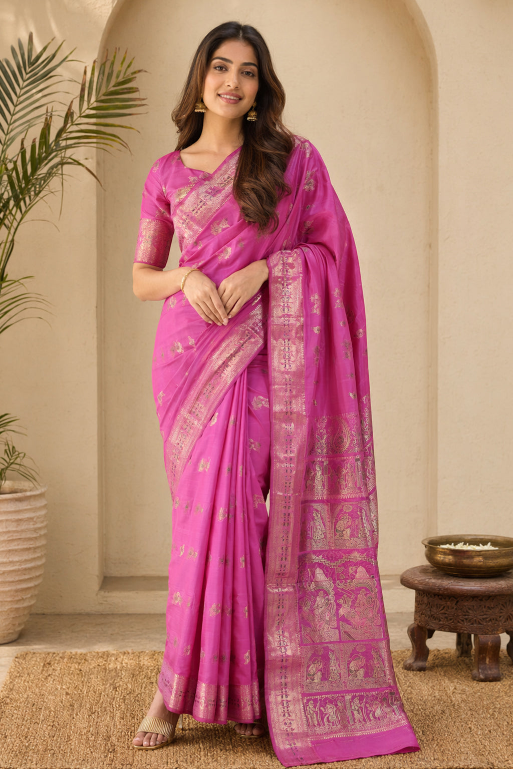 Pink Handloom Baluchari Pure Silk Saree With Blouse Piece