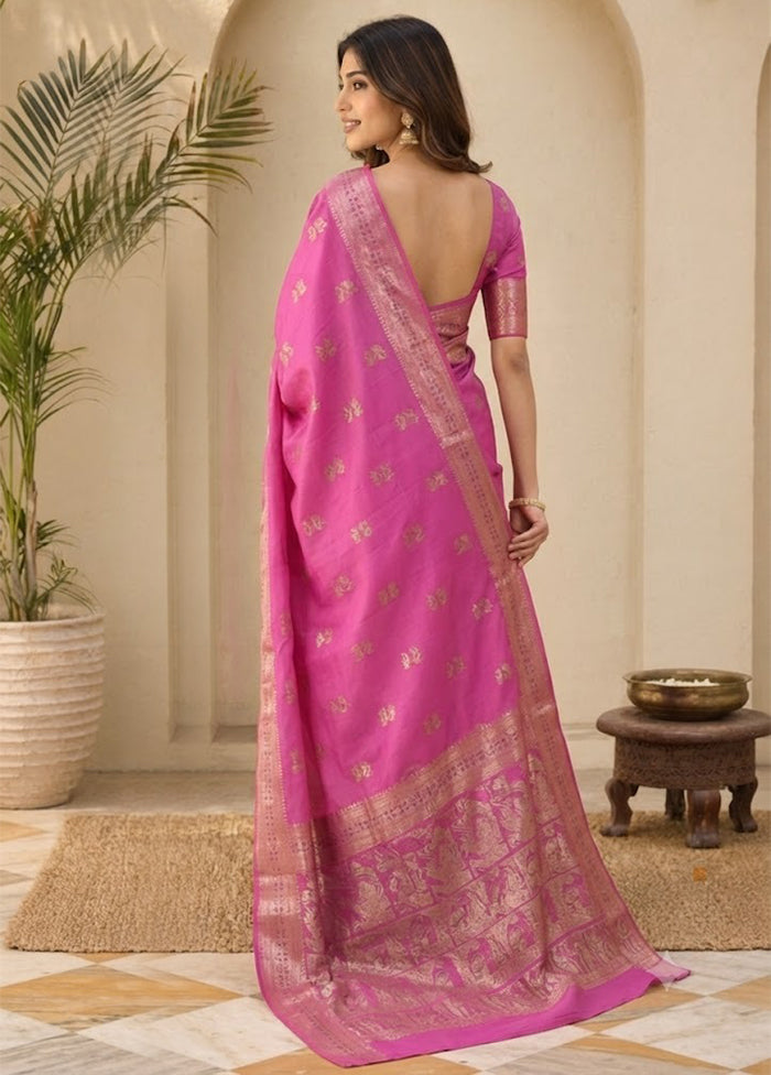 Pink Handloom Baluchari Pure Silk Saree With Blouse Piece